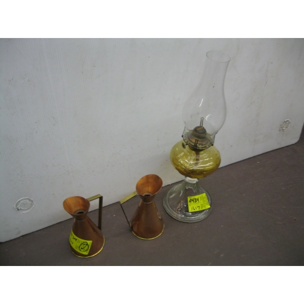 COAL OIL LAMP & 2 SM. BRASS CANDLEHOLDERS