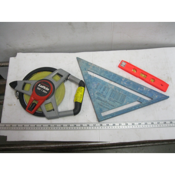 LEVEL, SQUARE & 100' TAPE MEASURE