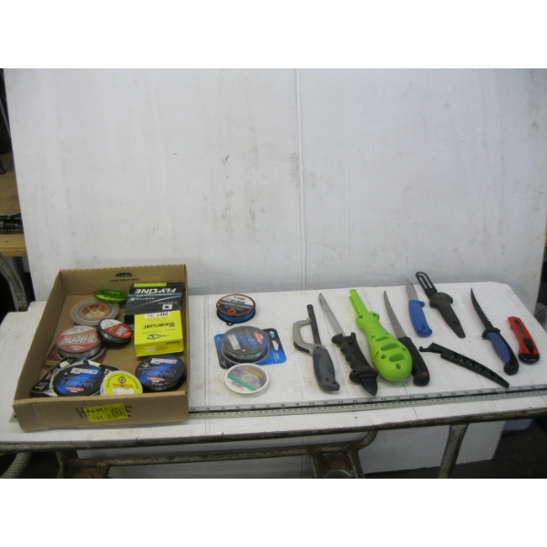 ASST. FISHING KNIVES, SAW & BOX OF ASST. LINE