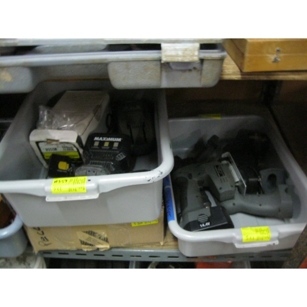2 BINS OF MISC. CORDLESS CHARGERS, BATTERIES, TOOLS, ETC.