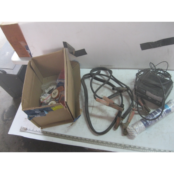 TRAILER LIGHTS, ROPE, BATTERY CHARGER, ETC.