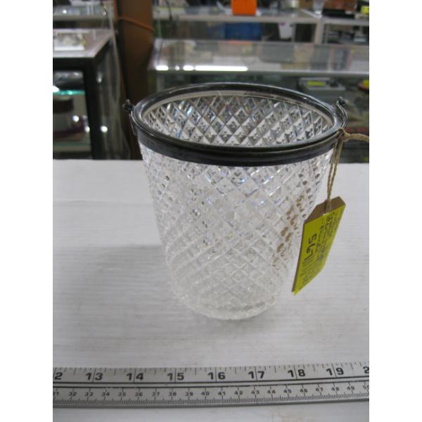 VINTAGE CRYSTAL ICE BUCKET W/STERLING RIM & HANDLE