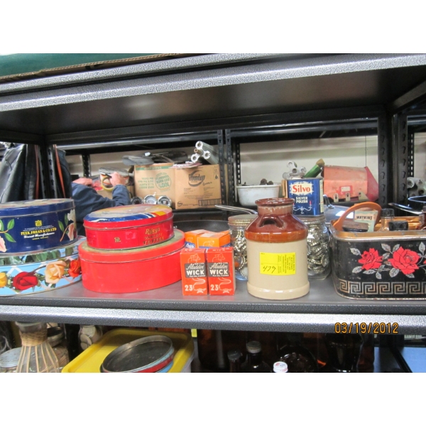 MISC. TINS, ALADDIN WICKS, BOTTLES, ETC.