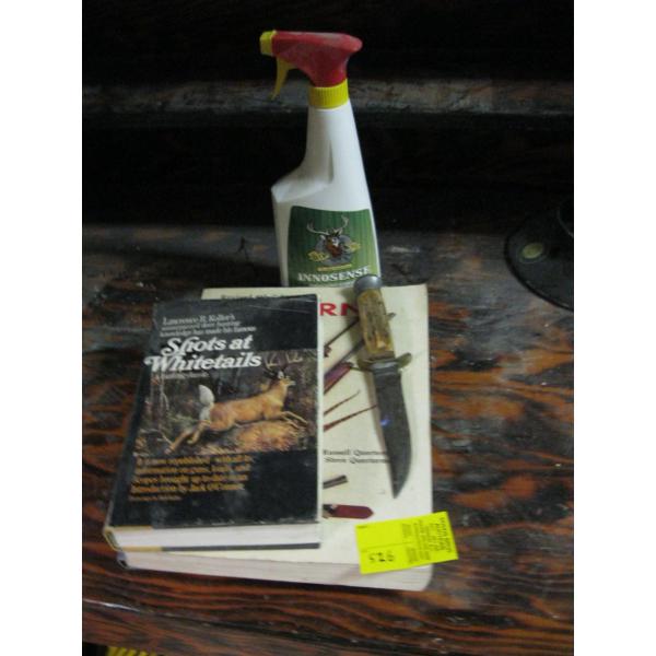 BONE HANDLED KNIFE & ASST. BOOKS, ETC.