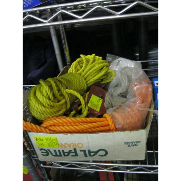 BOX W/ASST. ROPE, PULLEYS, ETC.