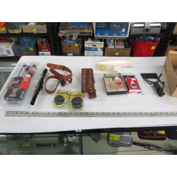 ASST. HUNTING ACCESSORIES: 4 POWER SCOPE, CLEANING KIT, BELTS, ETC.