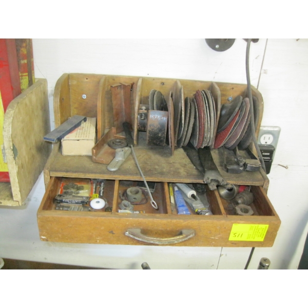SM. WOOD CABINET W/ASST. GRINDING DISCS, STRIKERS, ETC.