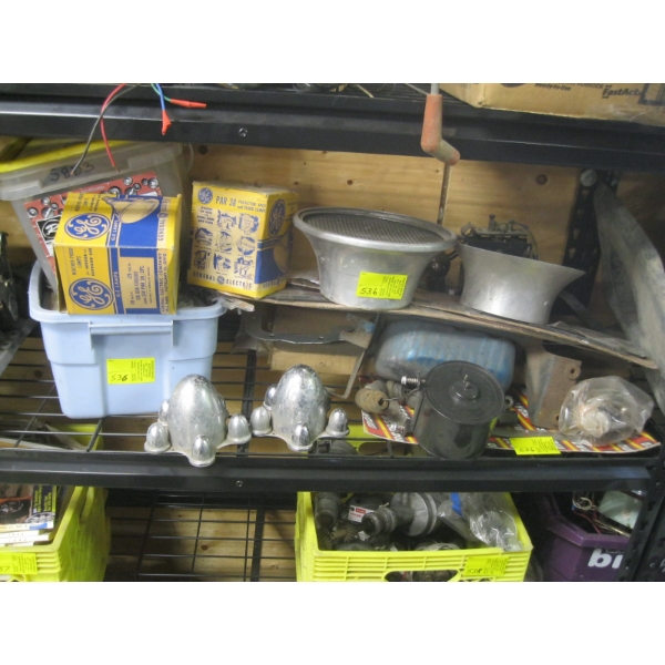 BIN OF ASST. EMBLEMS, LIGHTBULBS, CENTER CAPS, ETC.