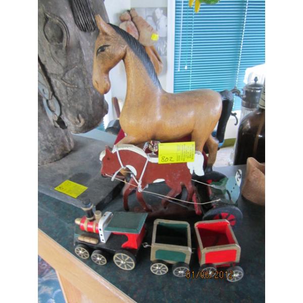 WOODEN TRAIN & HORSE FIGURINE, ETC.