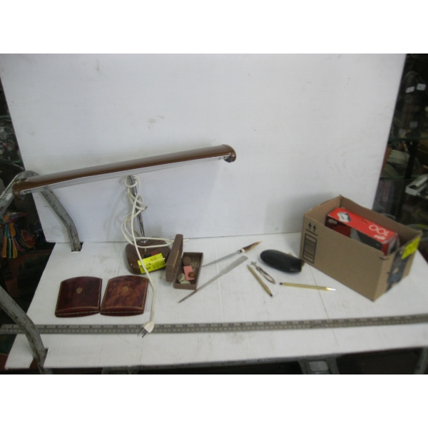 FLUORESCENT DESK LAMP & BOX OF MISC.