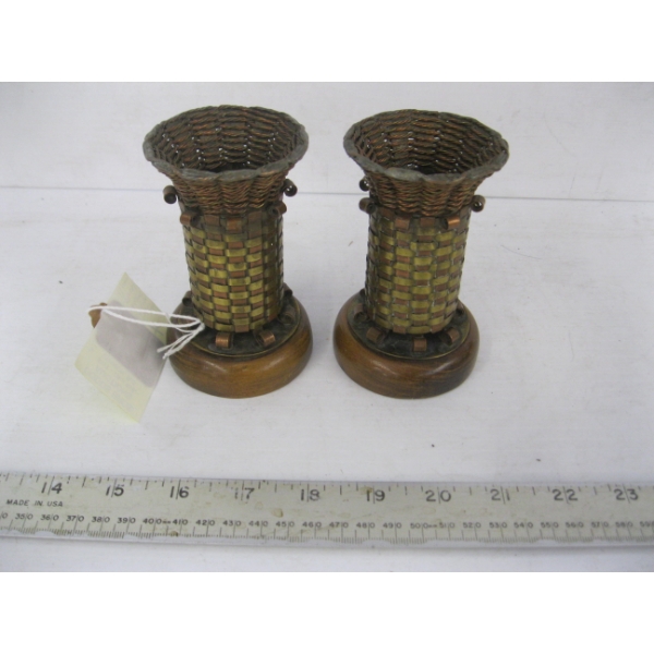 PAIR OF HANDCRAFTED WOVEN METAL W/WOOD BASE MCM VASES