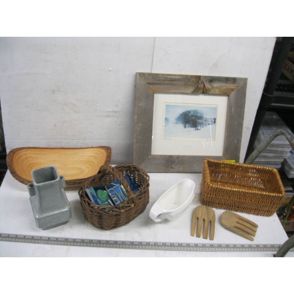 MISC. BASKETS, FRAMED PICTURE, TILES, ETC.