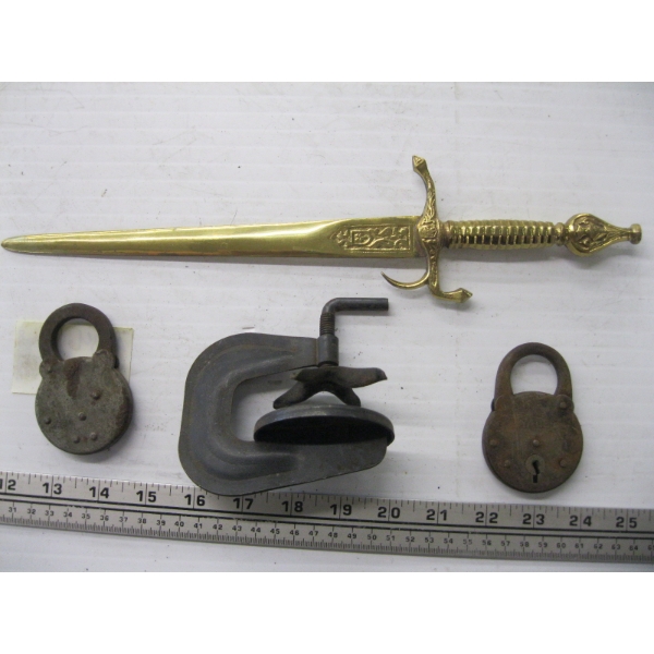 2 VINTAGE LOCKS, A TIRE PATCH PRESS & A LETTER OPENER