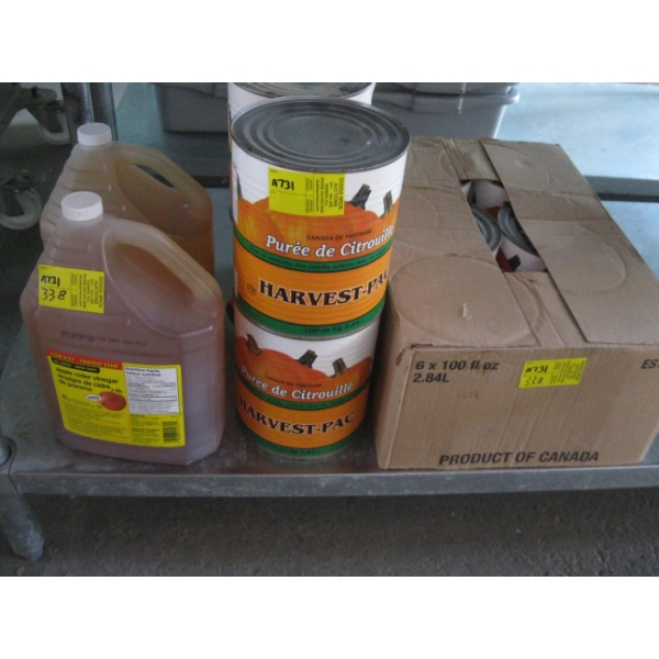 2 APPLE CIDER VINEGAR & LG. LOT OF CANS OF PUMPKIN PUREE