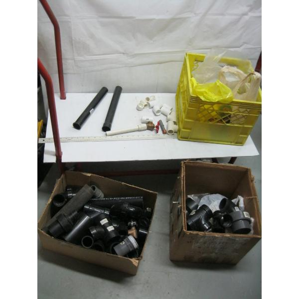 BIN & 2 BOXES OF MISC. PIPE FITTINGS, ETC.