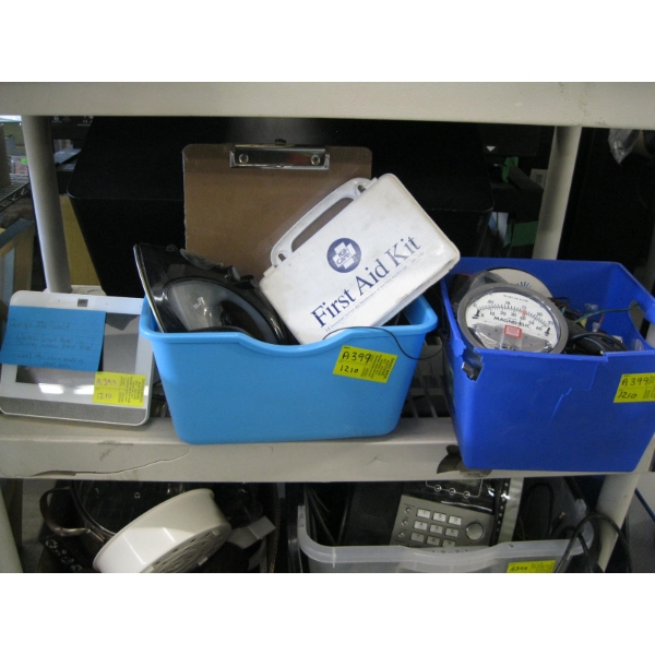 2 BINS OF MISC. GAUGES, IRON, WIRELESS SMART HOME SECURITY SYSTEM, ALARM PANEL, ETC.
