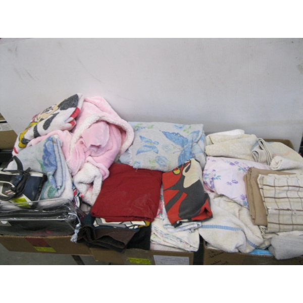 3 BOXES OF MISC. IRON, SHEETS, TOWELS, ETC.