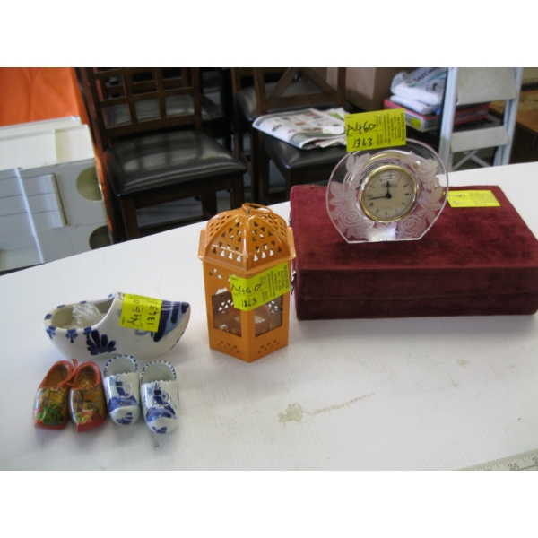 MISC. CLOCK, CANDLEHOLDER, DUTCH SHOE FIGURINES, ETC.