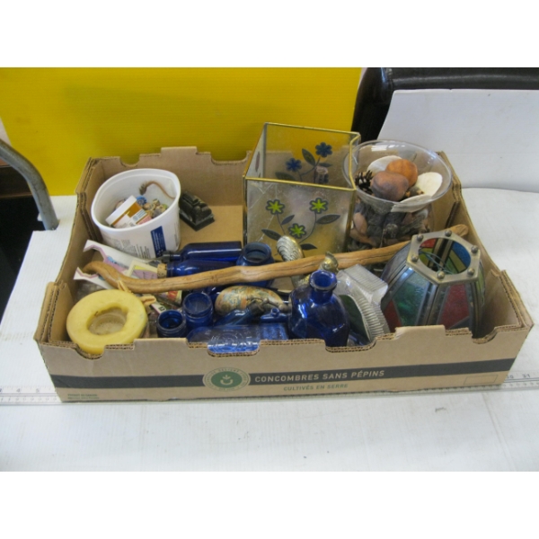 MISC. VINTAGE BOTTLES, ASST. CONTAINERS, CANDLE, ETC.
