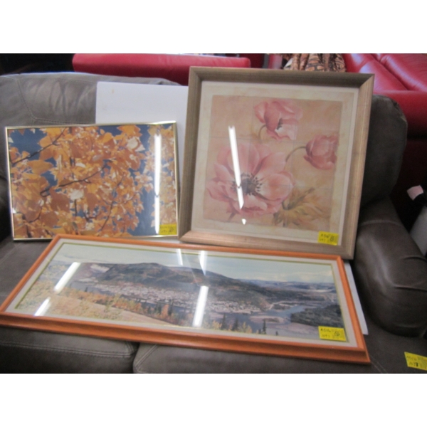 3 FRAMED PICTURES - LEAVES, TILE FLOWER & FRAMED PHOTO OF SM. TOWN