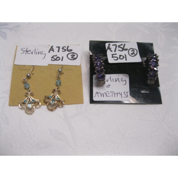 STERLING & AMETHYST EARRINGS & PAIR OF STERLING SILVER EARRINGS