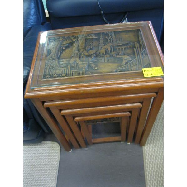 ORIENTAL THEME CARVED TOP 4 PIECE NESTING TABLE SET