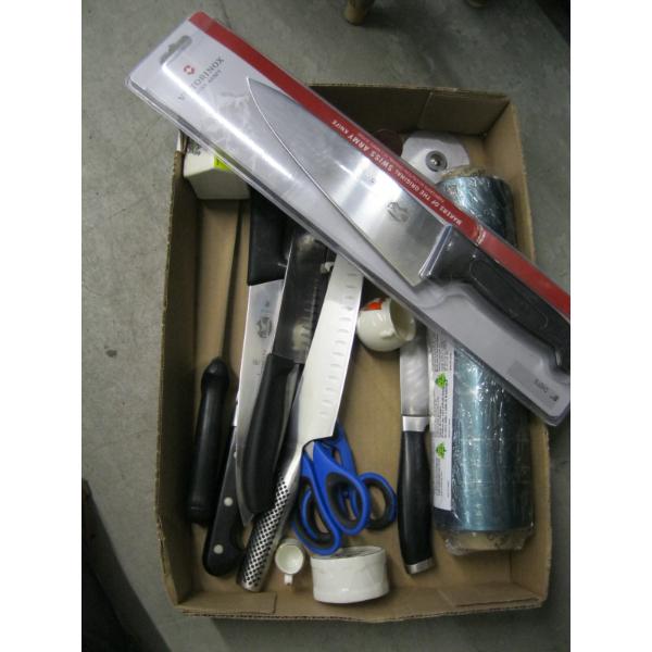 2 BOXES OF MISC. ALUMINUM POTS, WATER JUG, KNIVES, ETC.