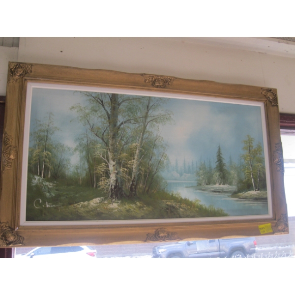 LG. FRAMED ORIGINAL PAINTING OF STREAM & TREES