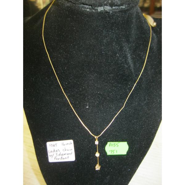 10KT 16" LADIES CHAIN W/3 DIAMOND PENDANT
