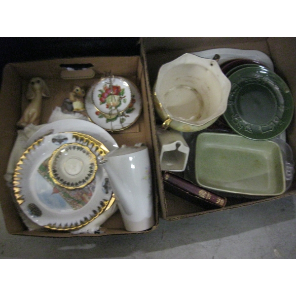 2 BOXES OF MISC. PLATES, TEAPOT, ETC.