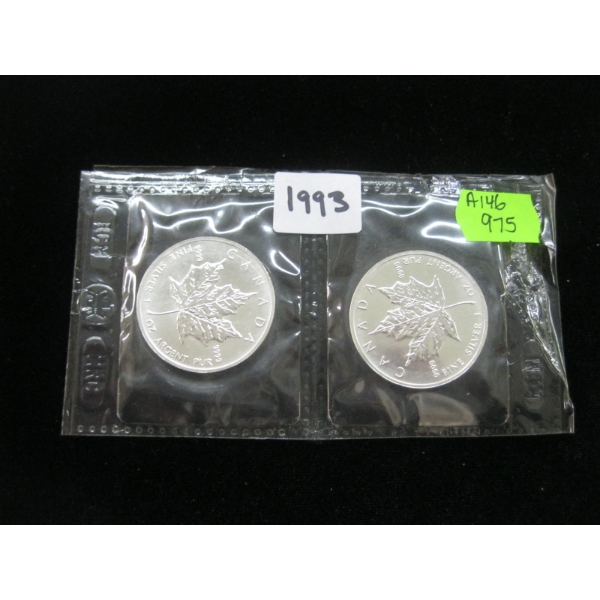 2 - 1993 CDN MAPLE LEAF 1 OZ. .999 SILVER COINS (TAX EXEMPT)