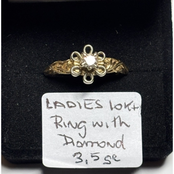 LADIES 10KT RING W/DIAMOND, 3.5G, SZ 8 1/4