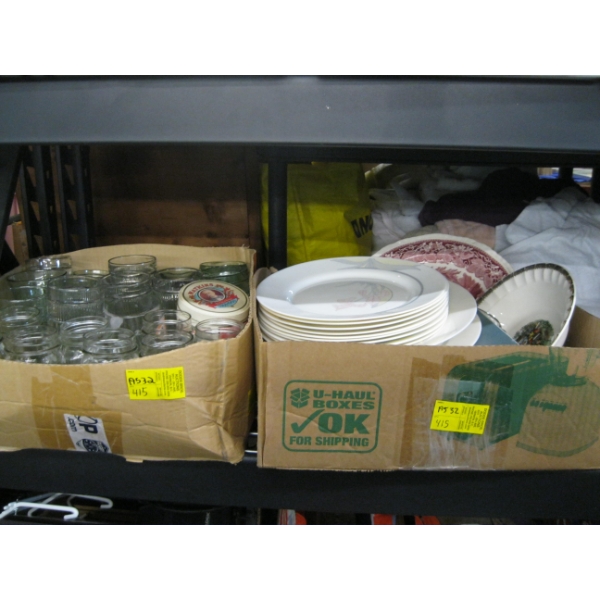 2 BOXES OF MISC. COKE GLASSES, MUGS, PLATES, SERVING PLATES, ETC.