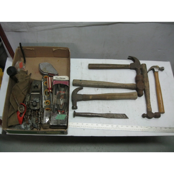FLAT OF MISC. TOOLS, HAMMERS, DRILL BITS, ETC.