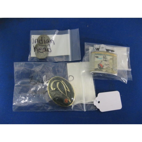3 PIECES: CDN FORCES BADGE, INDIAN HEAD 5 CENT PIECES & VINTAGE LIGHTER