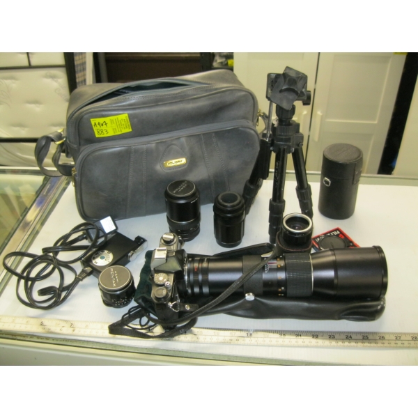 PENTEX ASHI SPORTMATIC CAMERA W/ASST. LENSES, TRIPOD, BAG, FLASH, ETC.