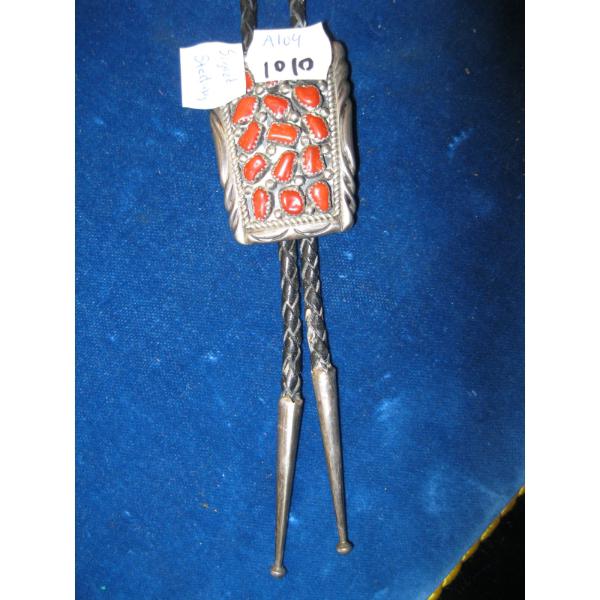 STERLING & CORAL SIGNED BOLO TIE