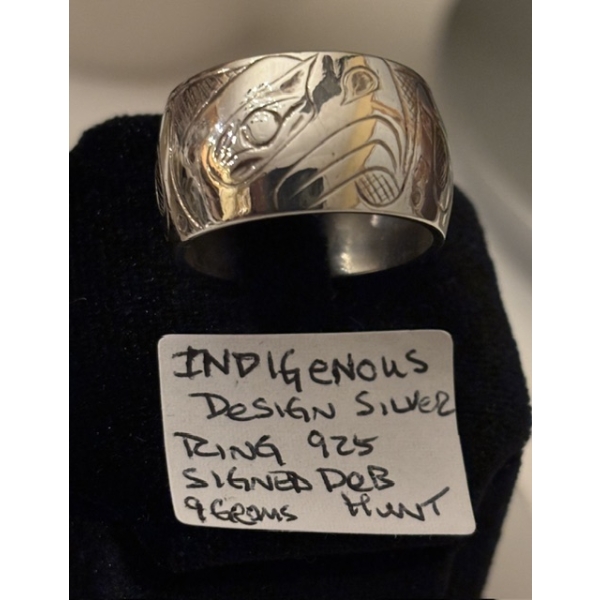 INDIGENOUS DESIGN SILVER RING .925, SIGNED DEB HUNT, 9G, SZ 10 1/2