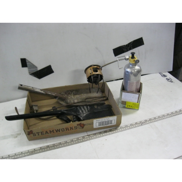 MOUNTAIN SAFETY RESEARCH CO. CAMP STOVE & FLAT OF FIREPLACE TOOLS