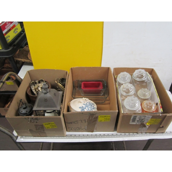 3 BOXES OF MISC. CANDLEHOLDERS, CANNISTERS, ETC.
