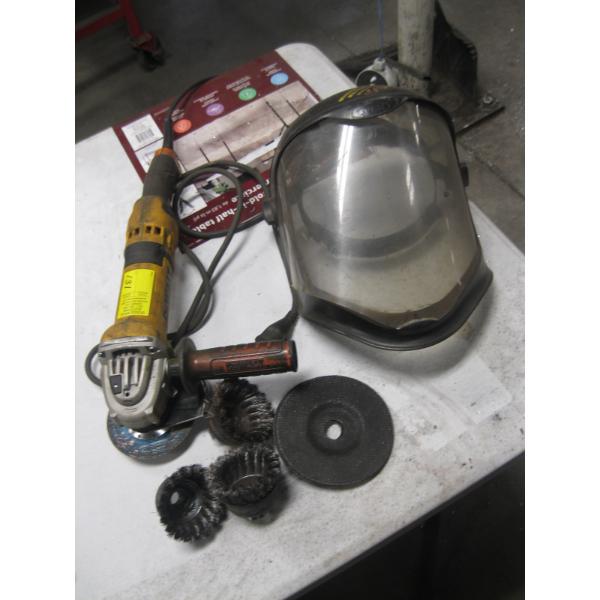 DEWALT ANGLE GRINDER W/MASK & ASST. WIRE WHEELS