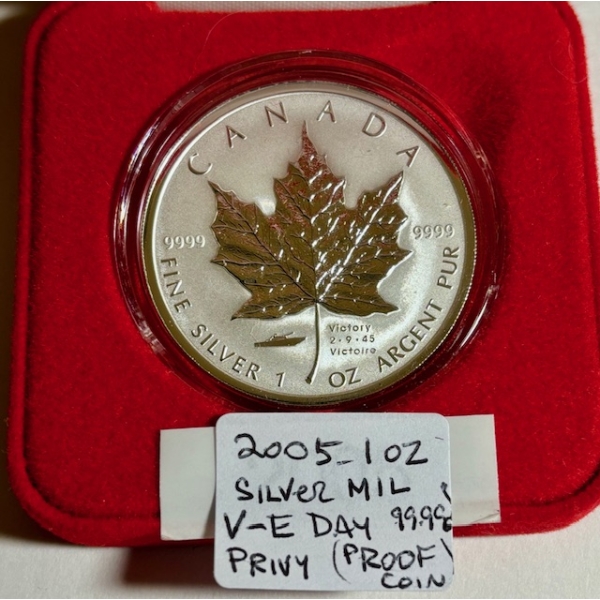 2005 1 OZ .999 SILVER MIL V-E DAY PRIVY PROOF COIN (TAX EXEMPT)