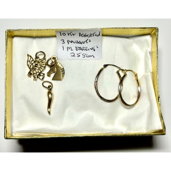 10KT ASST.- 3 PENDANTS & 1 PAIR EARRINGS, 2.5G