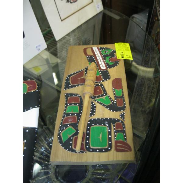 CARVED WALL PLAQUE PAINTED BY RALPH BRETT & SM. CARVED TOTEM ON STICK