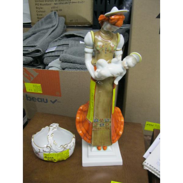 HUNGARIAN HEREND PORCELAIN MADONNA & BABY FIGUREEN & HANDLED DISH