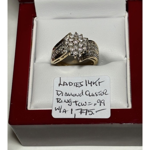 LADIES 14KT DIAMOND CLUSTER RING, .99TCW, W/A $1,775 - SZ 7 1/4
