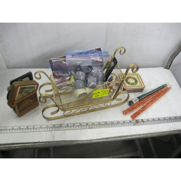 DECORATIVE SLEIGH W/ASST. CANDLES, COASTERS, ETC.