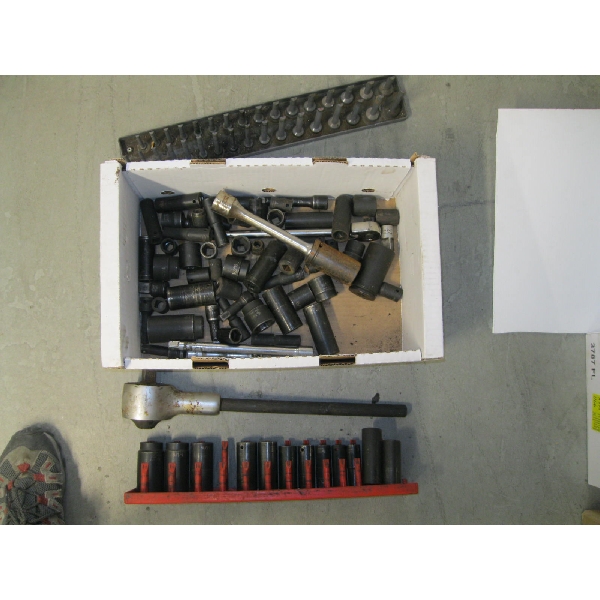 ASST. 1/2" DRIVE & 3/4" DRIVE IMPACT SOCKETS, EXTENSIONS, RATCHET, ETC.