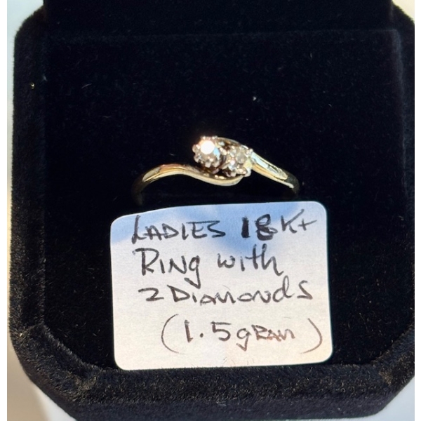 LADIES 18KT RING W/2 DIAMONDS, 1.5G SZ 8