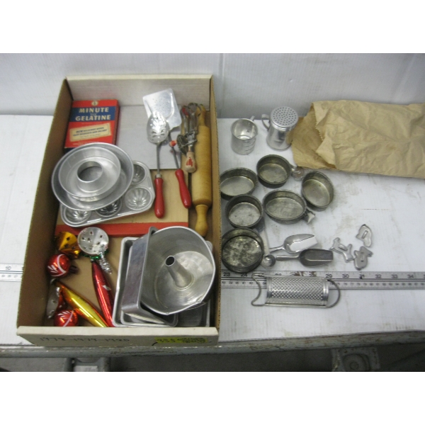 VINTAGE CHILDs BAKING SET & VINTAGE CHRISTMAS ORNAMENTS